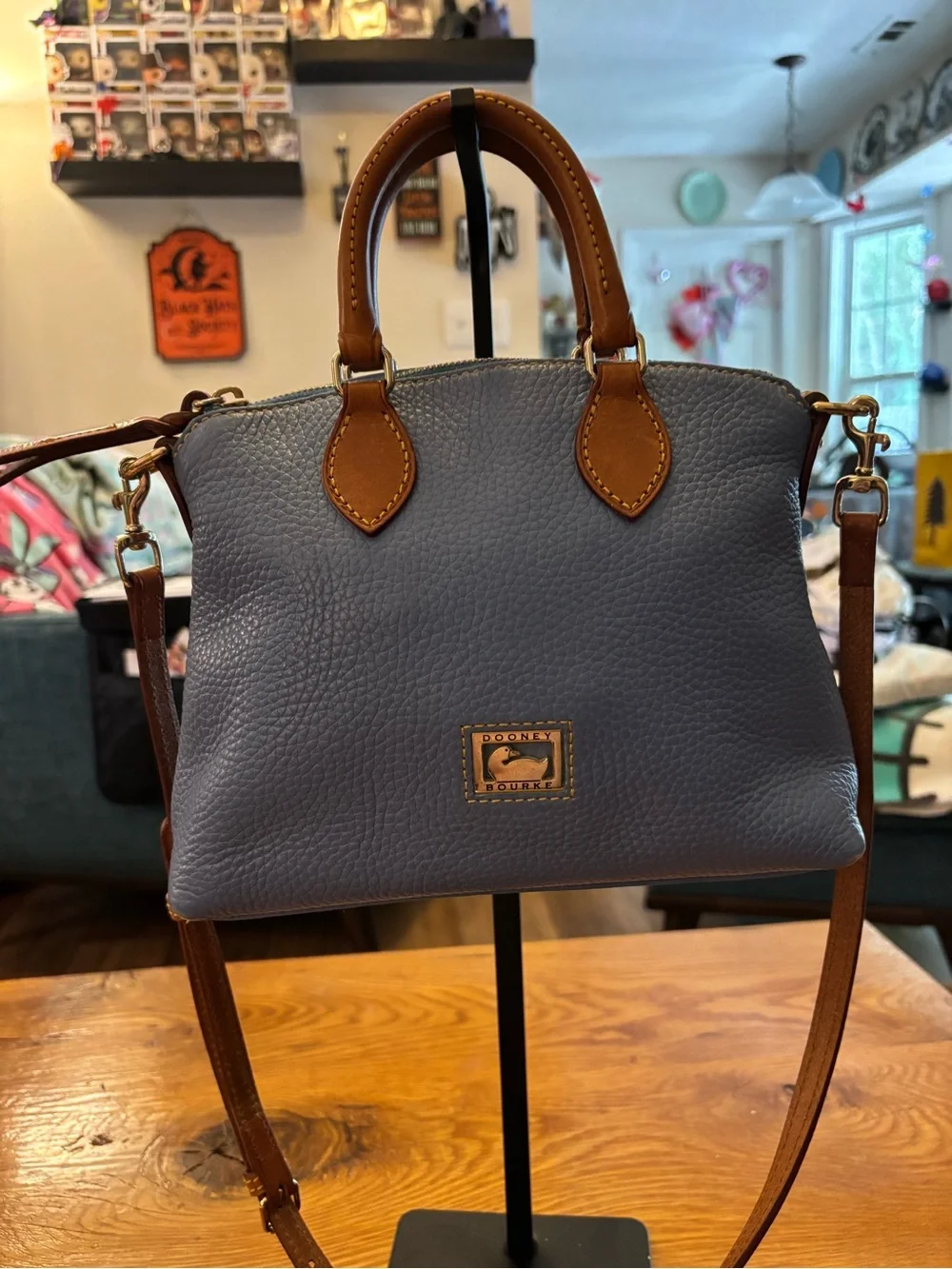 Dooney & Bourke Blue Pebbled Satchel with Tan Trim